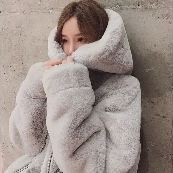 Fur coat gray zipper hoodie jacket womens pocket fuzzy faux fur hoodie - Picture 4 of 11